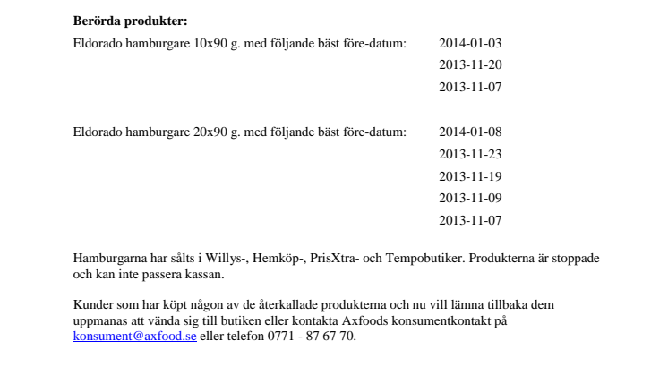 Axfood återkallar Eldorado hamburgare 
