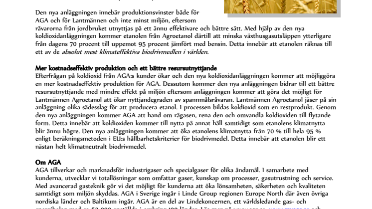 Faktablad AGA & Lantmännen Agroetanols nya koldioxidanläggning
