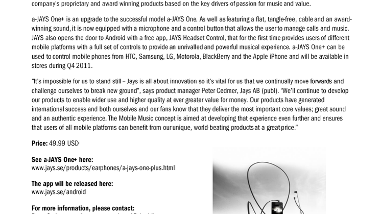 JAYS develops the product line for Mobile Music with a-JAYS One+