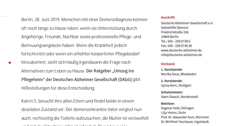 Umzug ins Pflegeheim: Broschüre der Deutschen Alzheimer Gesellschaft hilft bei der Entscheidung