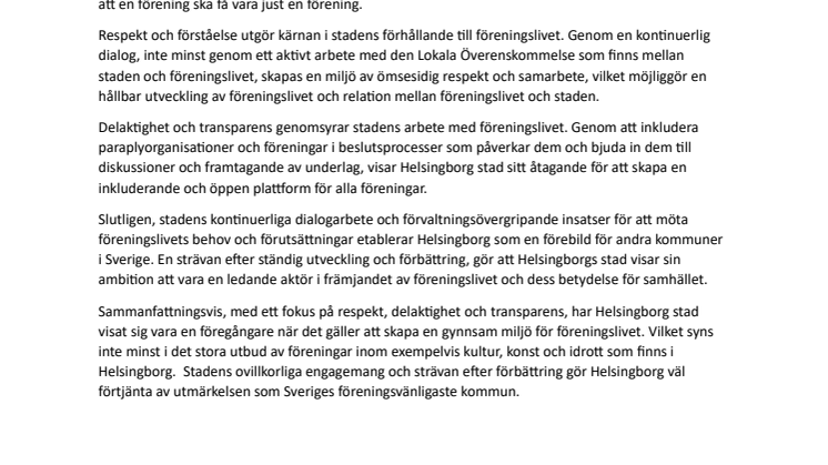 Juryns motivering - Helsingborg, Sveriges föreningsvänligaste kommun