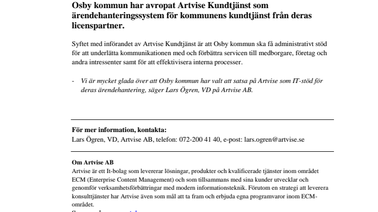 Artvise får order från Osby kommun gällande Artvise Kundtjänst!