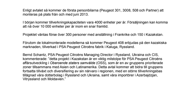 PSA Peugeot Citroën påbörjar lokal montering i Kazakstan
