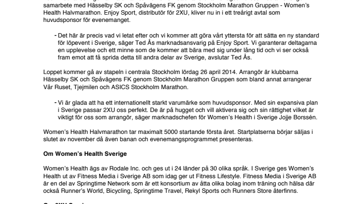 2XU blir huvudsponsor till Women’s Health Halvmarathon 2014