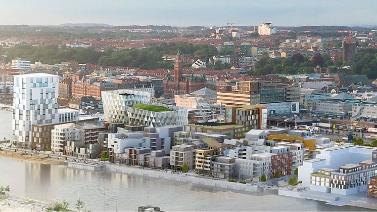 Från kilowatt till kilobyte. Utvecklingen i Öresundskrafts kärnområden energi och kommunikation går snabbt. Nu renodlar företaget sin verksamhet. På bilden den framtida Oceanhamnen, Helsingborg. (Illustration: Helsingborgs stad)