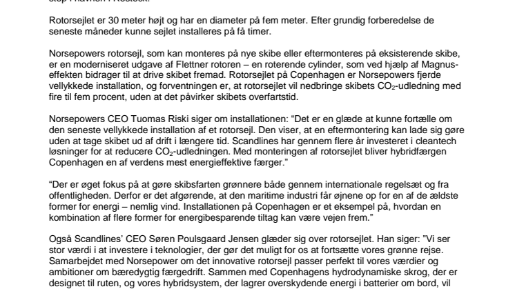 Scandlines’ hybridfærge sejler nu med Norsepower rotorsejl