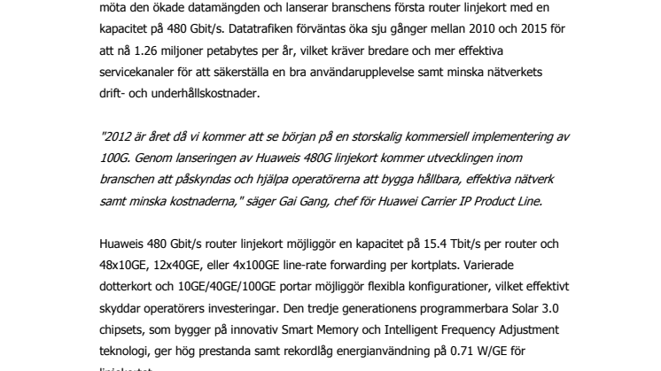 Huawei lanserar router linjekort på 480 Gbit/s 
