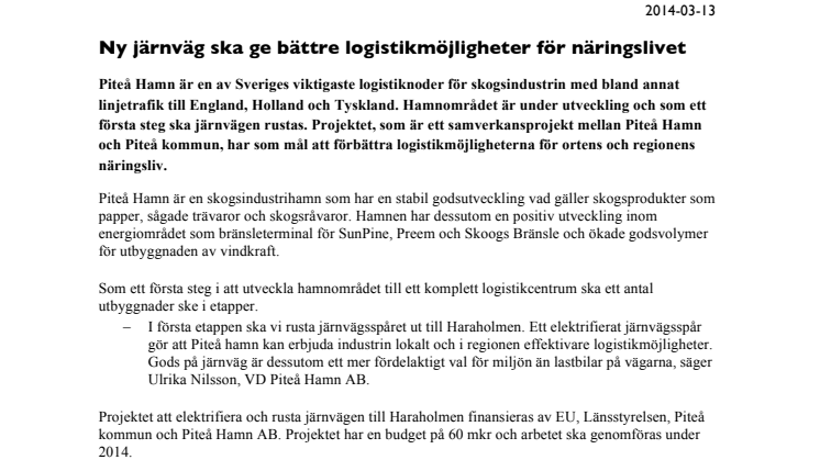 Ny järnväg i Piteå ska ge näringslivet bättre logistikmöjligheter