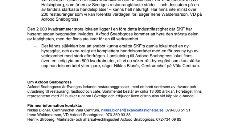Sveriges ledande restauranggrossist etablerar sig på Väla