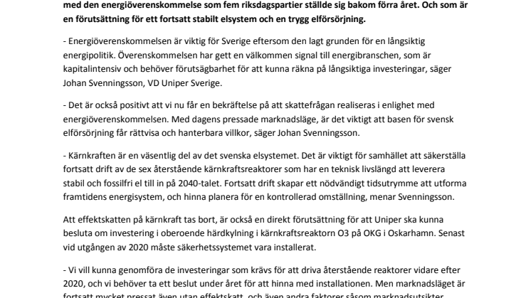 Uniper välkomnar regeringens proposition om energiskatterna