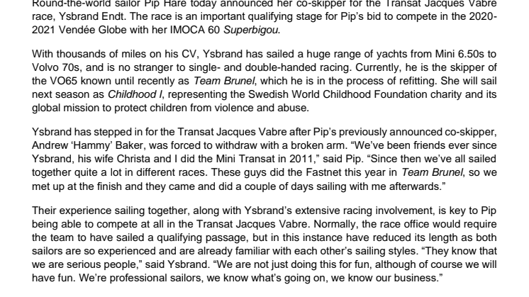 Pip Hare announces co-skipper for Transat Jacques Vabre race