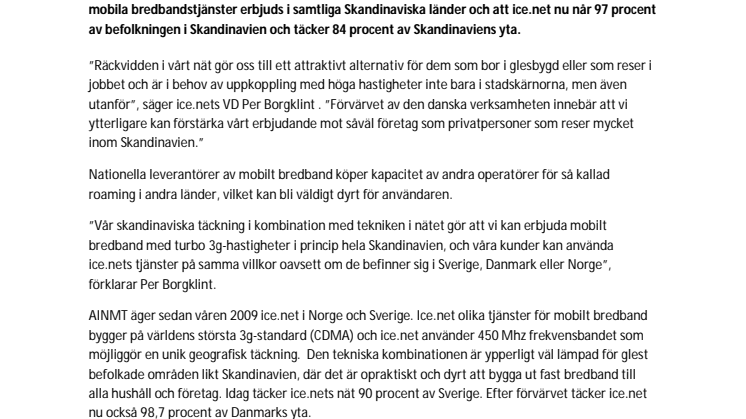 Ice.net ökar täckningen med över 30 procent - 	Mobilt bredband med unik täckning i Sverige och Norge expanderar till Danmark