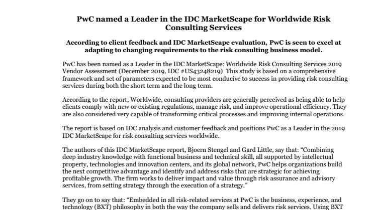 PwC named a Leader in the IDC MarketScape for Worldwide Risk Consulting Services