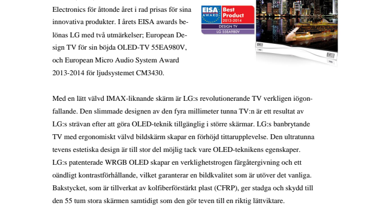 LG:S BÖJDA OLED-TV FÅR DESIGNPRIS AV EISA 2013 