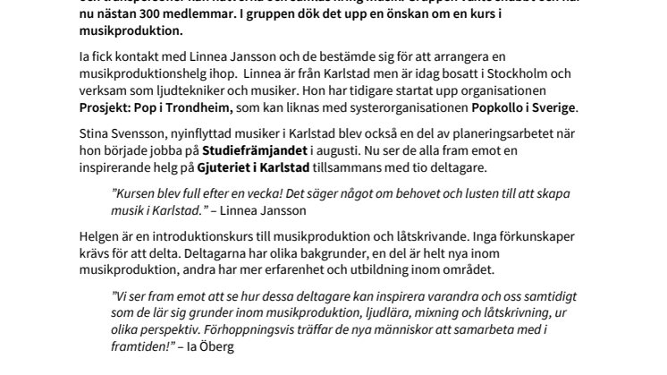 Produktions- och låtskrivarhelg  med Studiefrämjandet för Musikgäris i Värmland!