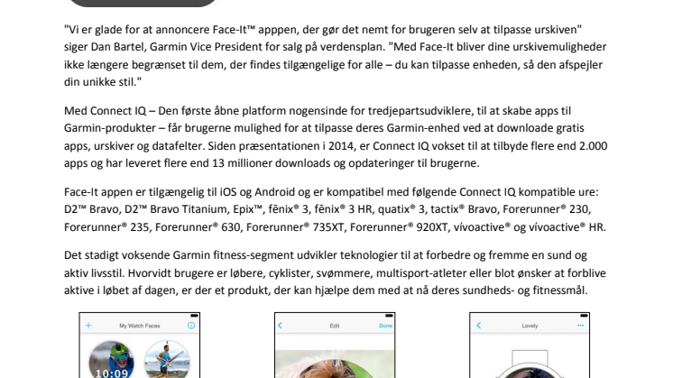 Face-It™ app – tilpas din urskive på kompatible Garmin-ure med et foto fra din smartphone 
