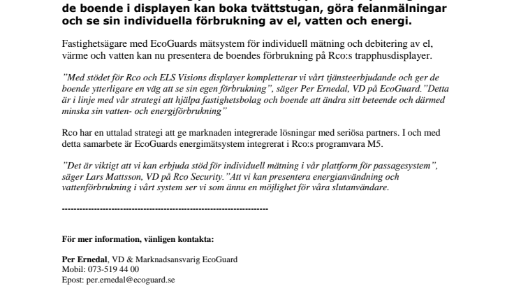 EcoGuard och Rco Security lanserar stöd för presentation av el- och vattenförbrukning på ELS Vision trapphusdisplay.
