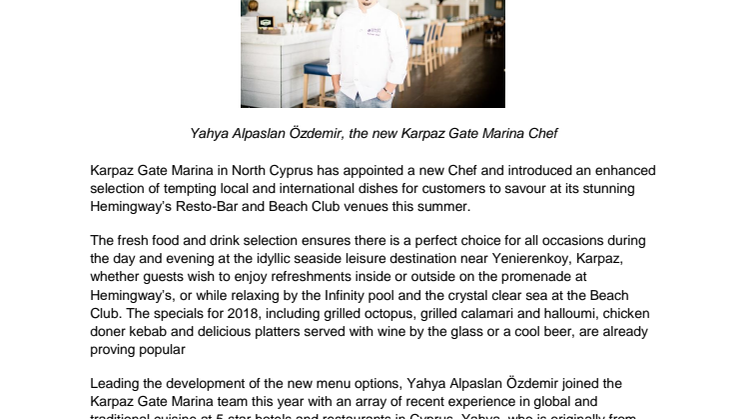 New Chef and Exciting Menus Bring Fresh Creativity and Flavour to Karpaz Gate Marina Gastronomy