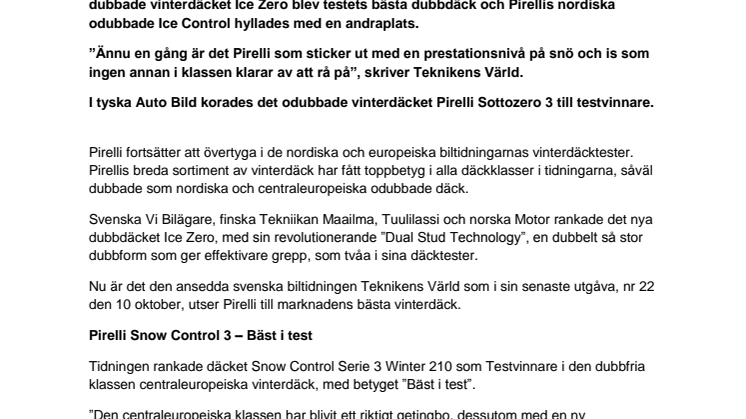 Pirelli bästa vinterdäck i Teknikens Världs test