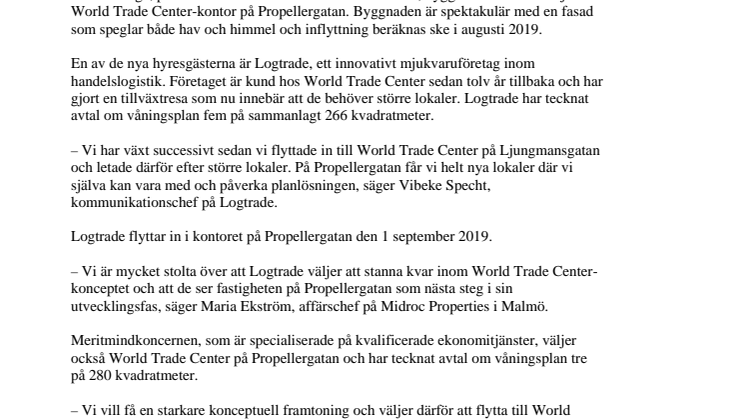Midroc tecknar avtal med två nya hyresgäster till World Trade Center i Malmö