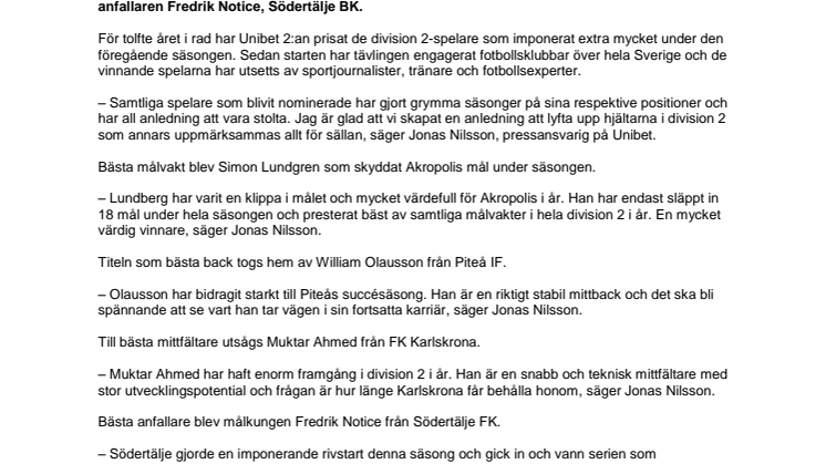 Sveriges bästa division 2-spelare utsedda