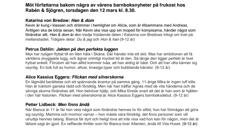 Rabén & Sjögren bjuder på barnboksfrukost den 12 mars 