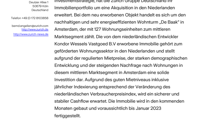   Zurich erweitert Immobilienportfolio um nachhaltigen Wohnturm in den Niederlanden