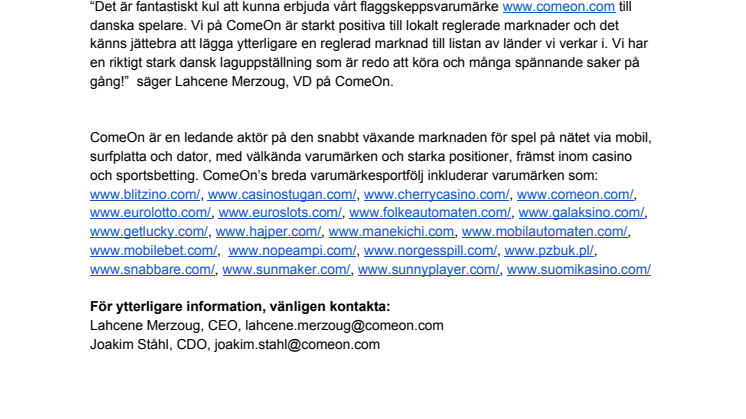 ComeOn lanserar flaggskeppsvarumärke i Danmark