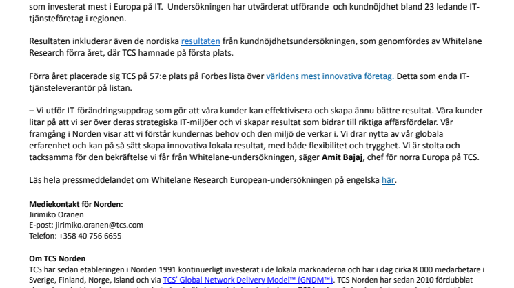 TCS har Europas mest nöjda kunder i IT-branschen