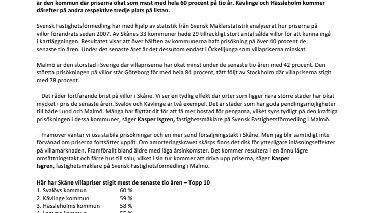 Här har de skånska villapriserna stigit mest  de senaste tio åren