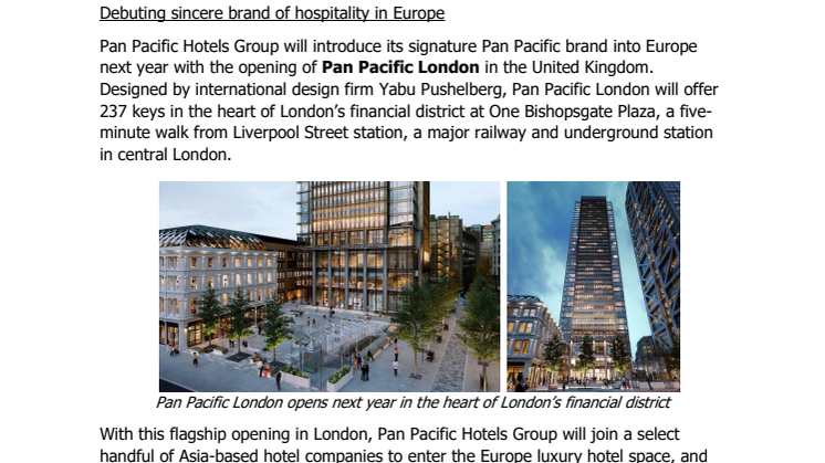 Pan Pacific Hotels Group Gains Greater Momentum with First Footprint in Europe in 2020 and Leads the Way with Sustainable Hospitality