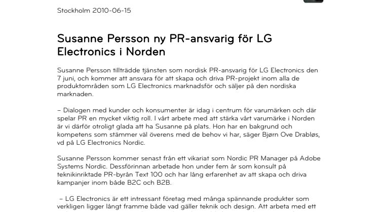 Susanne Persson ny PR-ansvarig för LG Electronics i Norden