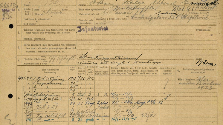 Värnpliktskort för Helge Alfred Emanuel Öberg född 1903-03-21