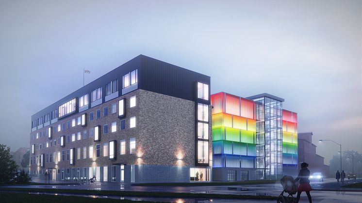 Parkeringshuset får en dekorativ fasad med LED-lampor i olika kulörer. Bild. Tyréns