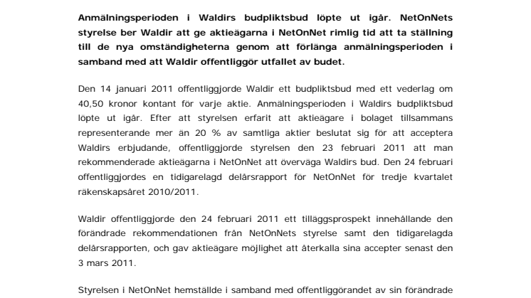 NetOnNets styrelse efterlyser förlängning av anmälningsperioden av Waldir