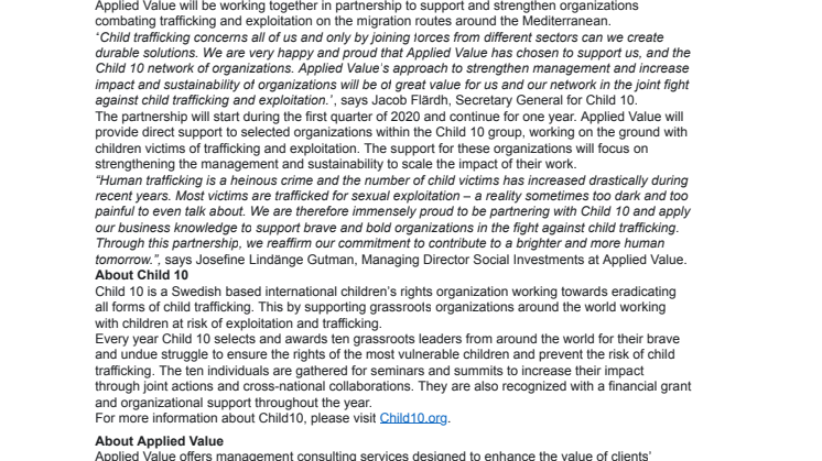 Applied Value and Child 10 have decided to join forces in the fight against child trafficking