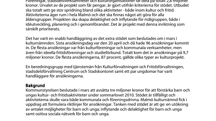 Pengar till mer fritid och kultur för barn och unga i Malmö i sommar