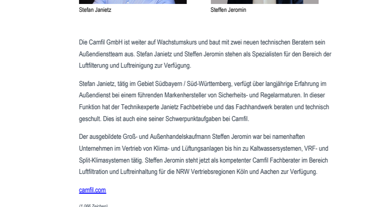 Camfil: Verstärkung im Vertrieb
