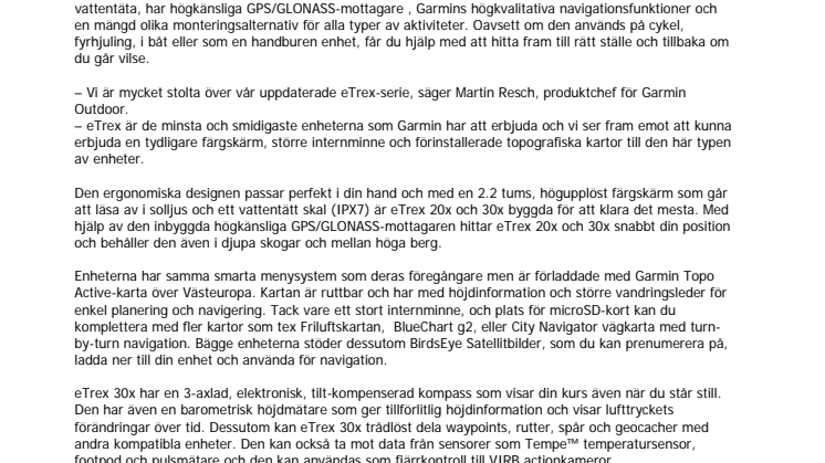 Garmins® eTrex®-serie uppdateras med nya enheterna 20x och 30x 