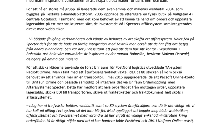 emma och malena skickar kläder effektivt med hjälp av Textalk, Specter och Unifaun Online