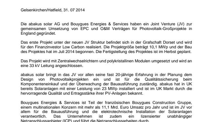 abakus BYes solar UK Limited schließt EPC und O&M Vertrag für ein 10 MWp Projekt in England  