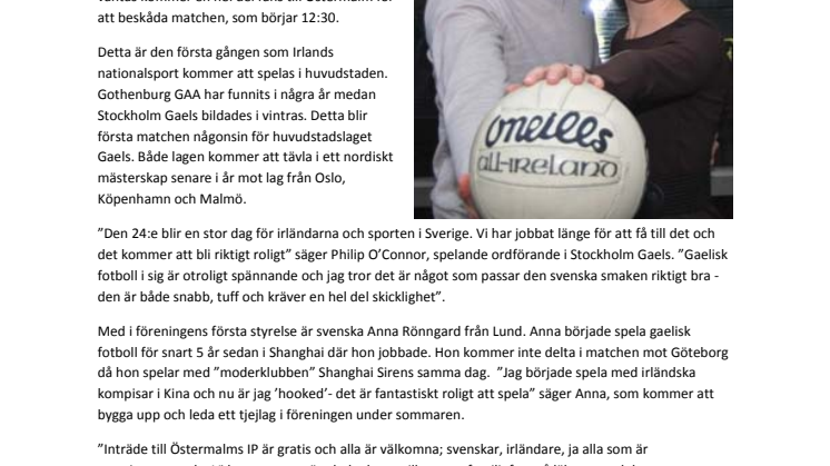 Irländsk folkfest när Gaelisk fotboll intar Östermalms IP den 24:e april