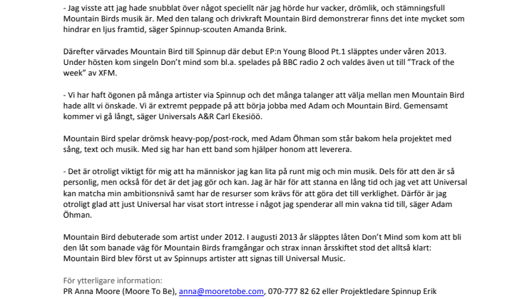 Universal Music signar Mountain Bird som sin första artist från distributionstjänsten Spinnup