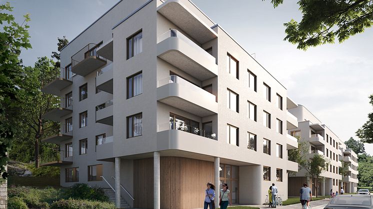 I vår blir det byggstart för 114 kooperativa hyresrätter i Nockeby. Illustration: Brunnberg & Forshed
