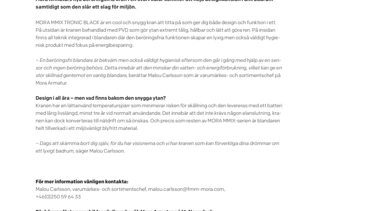 Nu i svart – Mora Armatur lanserar den beröringsfria kranen MORA MMIX TRONIC BLACK