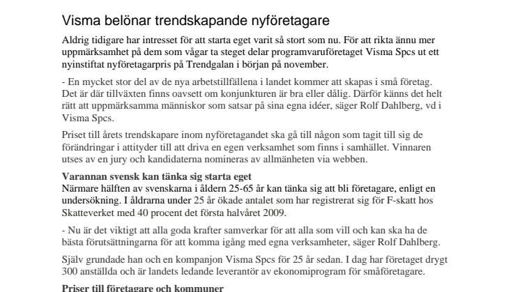Visma belönar trendskapande nyföretagare