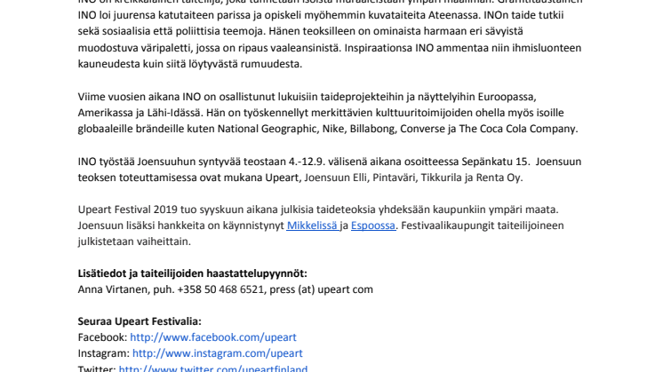 Kreikkalaistaiteilija INO toteuttaa Joensuuhun muraalin osana Upeart Festival 2019 -tapahtumaa