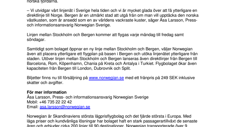 Norwegian startar direktlinje mellan Stockholm och Bergen