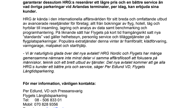 Flygets Långtidsparkering tecknar avtal med HRG Nordic!
