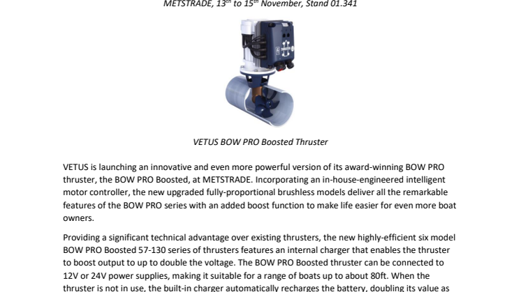 METSTRADE - VETUS: VETUS Launches Smart-Controlled Brushless BOW PRO Boosted Thrusters with Internal Charger to Boost Both Power and Batteries